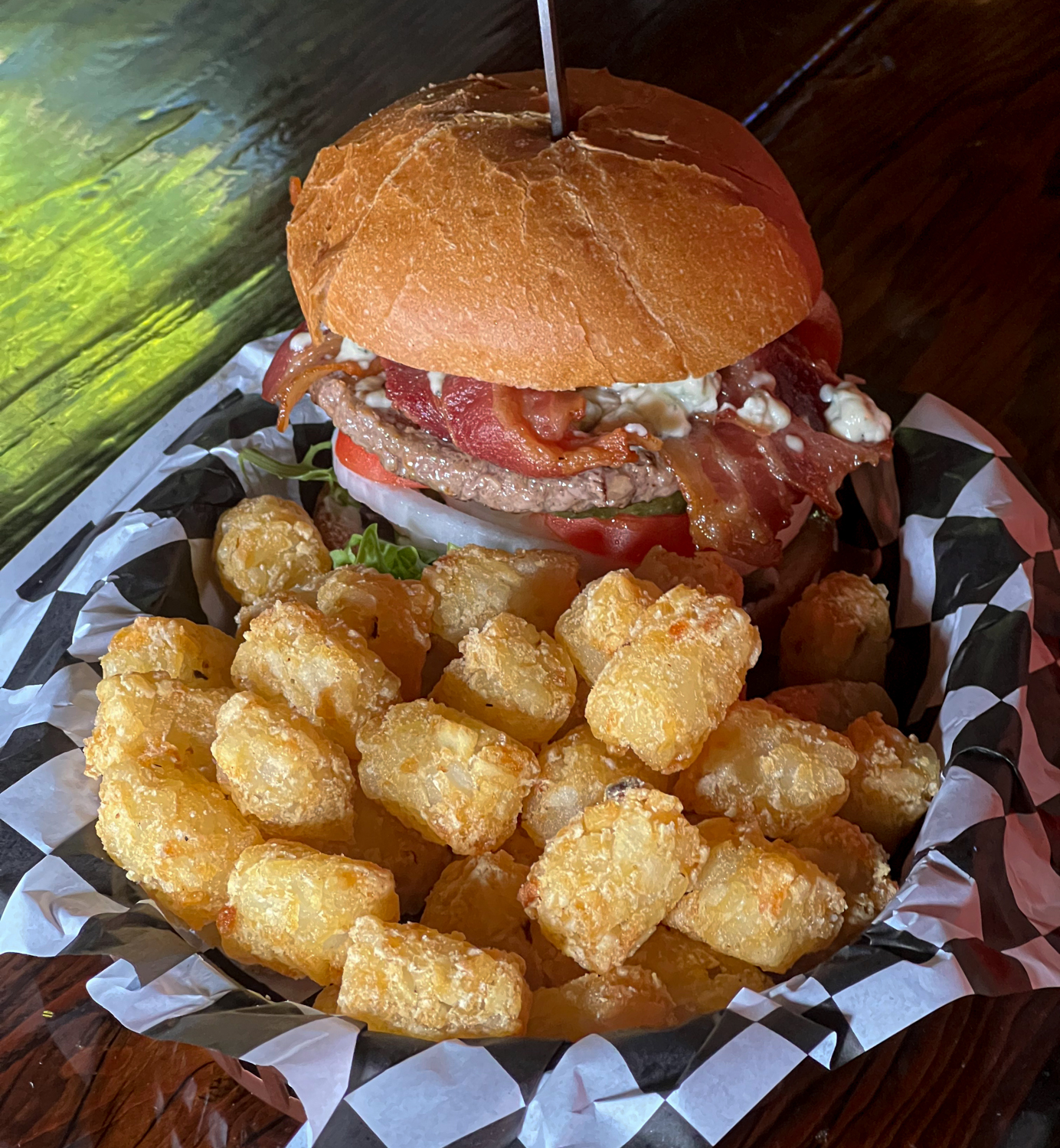 Bacon Blue Cheeseburger with Tots San Dune Pub Manzanita Oregon